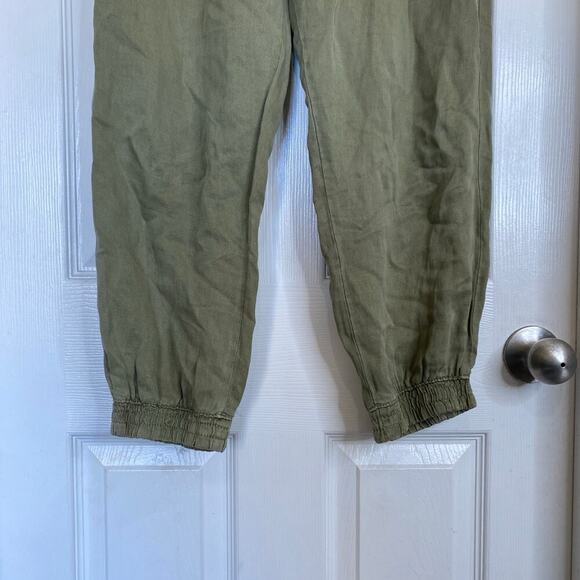ZARA Khaki Green Linen Blend Pants High Rise Joggers Size Medium Olive Pockets - Picture 5 of 8